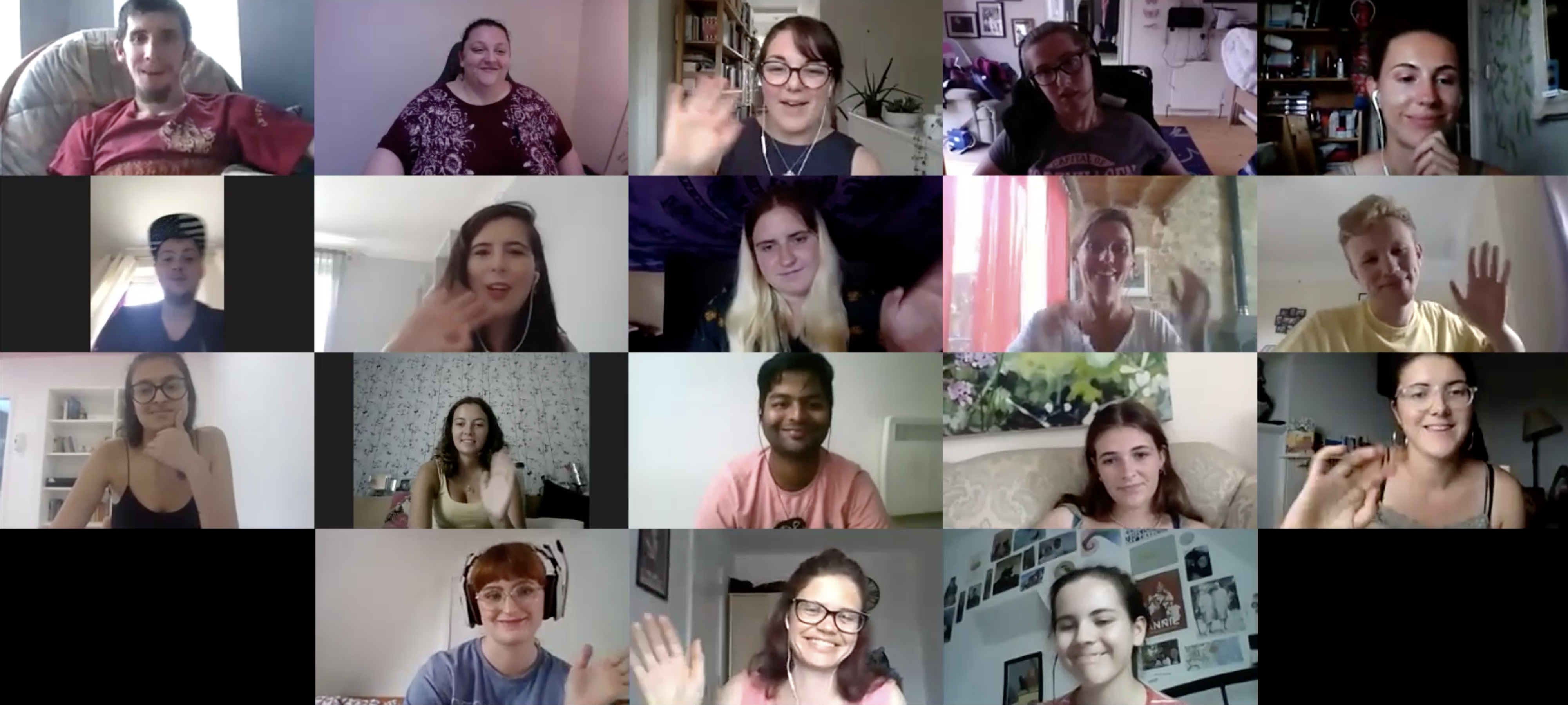 A screen shot of 18 squares (18 people) on Zoom during the CREATE! course