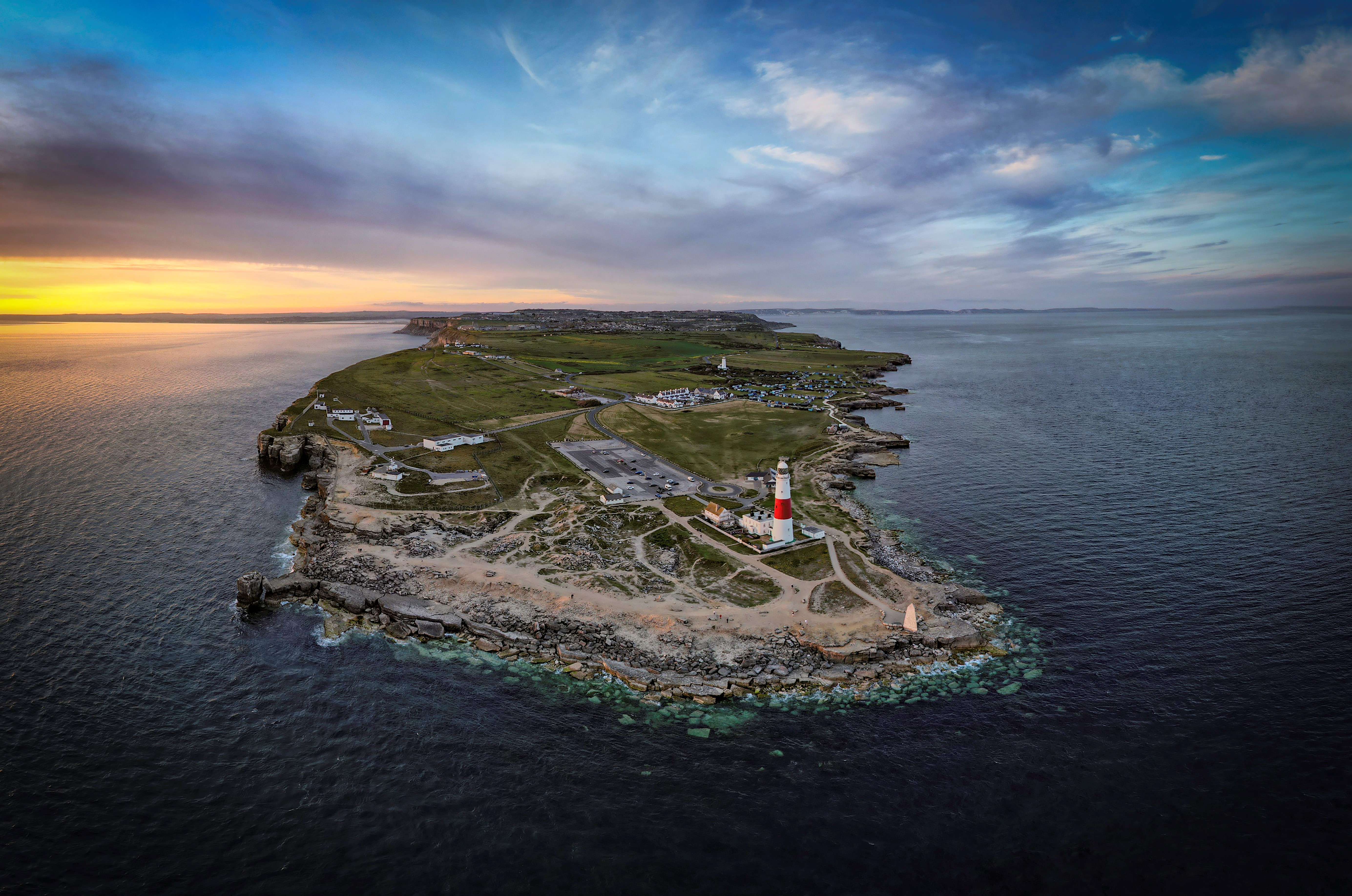 A colour photograph of the Isle of Portland from the air