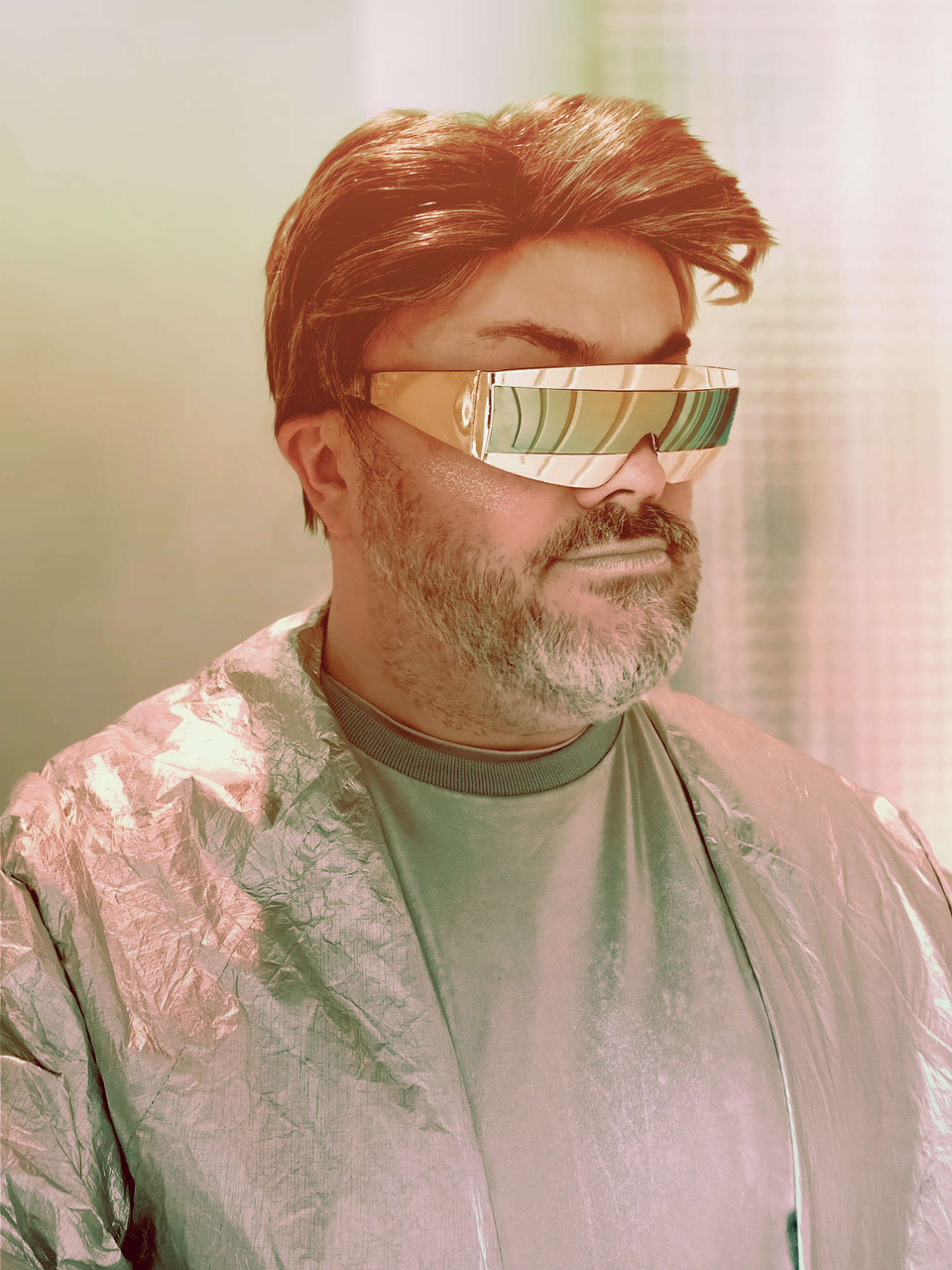 a photo of a man with mirror sunglasses, a badly fitting wig and shiny sci fi top