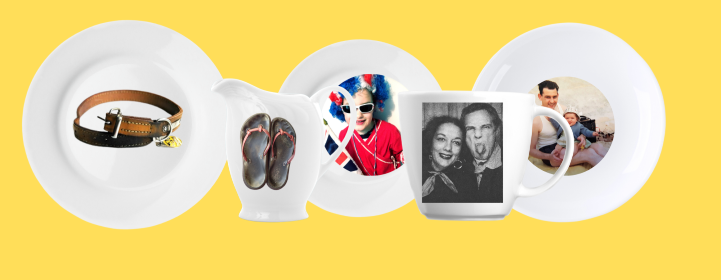 White plates, saucers, jugs and cups with images of people and objects on them