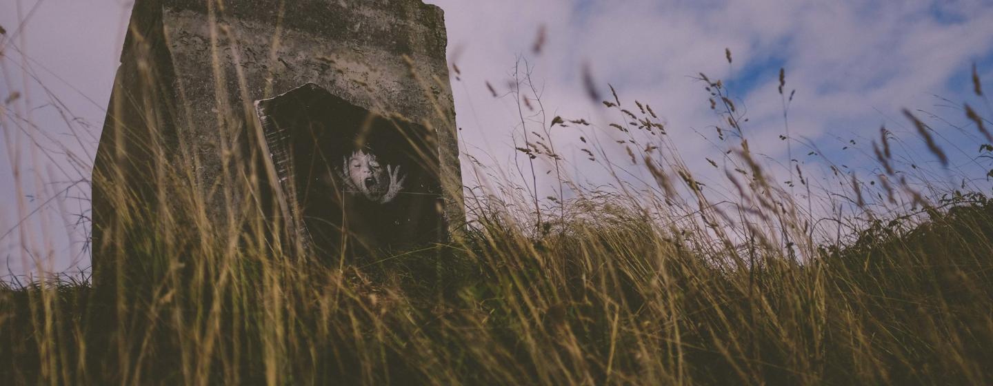 A stone with a child face painted onto it leaning against a rock in the landscape