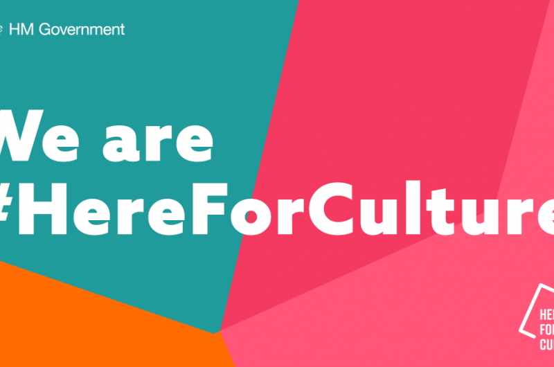 Text saying We are Here for Culture over an abstract pink, green and orange background
