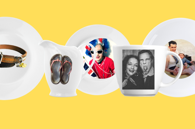 White plates, saucers, jugs and cups with images of people and objects on them