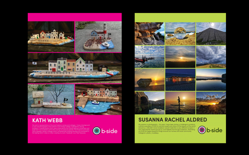 An image of a poster with a bright pink border showing photos of model houses and a poster with a bright green border showing photographs of Portland landscapes and the sea
